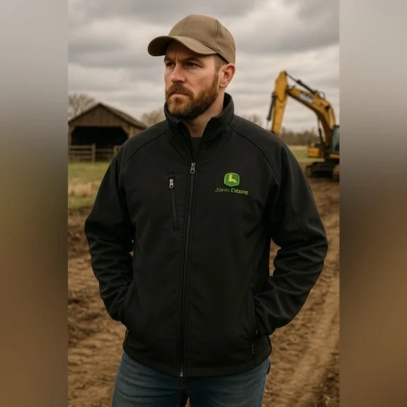 John Deere Jacket Men’s XL Black Soft Shell Windproof Microfleece Zip Workwear - Picture 1 of 9